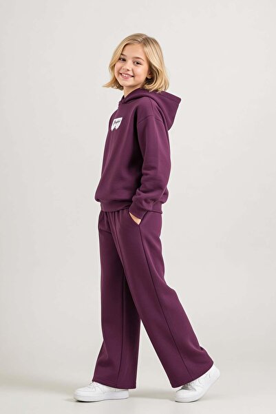 Riccotarz Kız Çocuk Üzeri Dantel Bonjour Yazı Detaylı Kapüşonlu Sweatshirt Bol Kesim Mürdüm Eşofman Takım