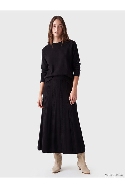 LC Waikiki Lcw Modest Black Knitted Patterned Knitwear Skirt with Elastic Waist