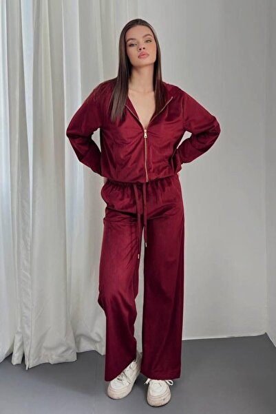 Generic Brand Burgundy hooded thin velvet suit