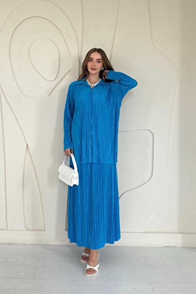 SEREMONİ BUTİK Blue Corduroy Shirt and Long Skirt Set