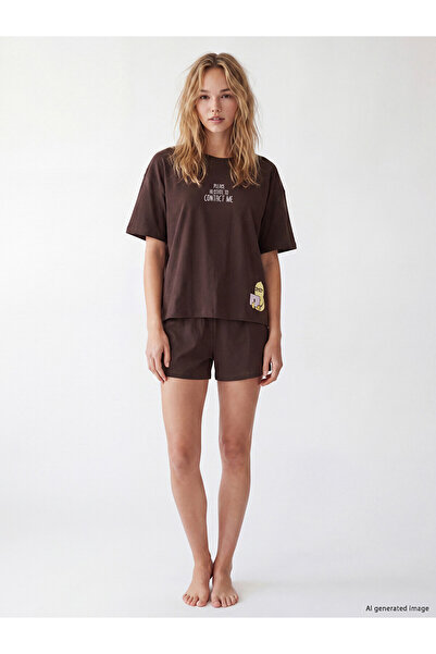 LC Waikiki Lcw Young Brown Crew Neck Women's Shorts Pajama Set