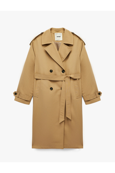 Koton Uzun Kollu Kemerli Çift Cepli Oversize Gabardin Kruvaze Trençkot