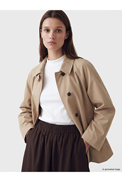 LC Waikiki LCW Modest Bej Gömlek Yaka Oversize Kadın Trençkot