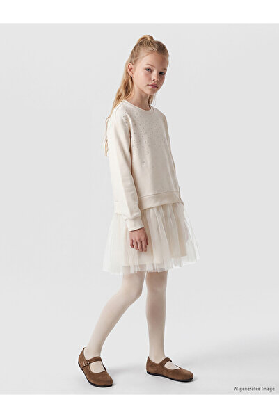 LC Waikiki Ecru Stone-Embellished Girls' Tutu Dress