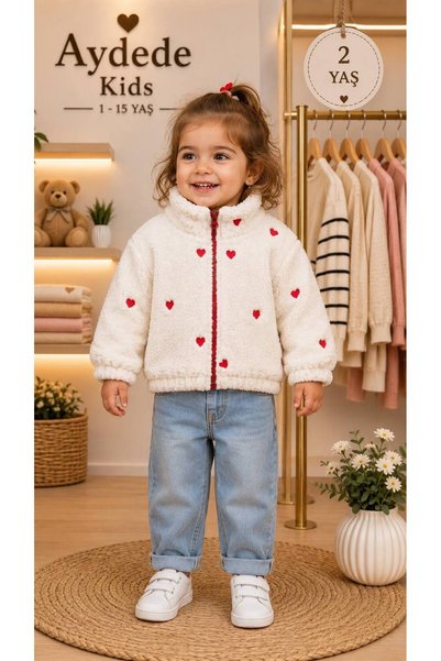 AYDEDE KİDS Girl's Heart Plush Coat Zippered Soft Teddy Winter Coat