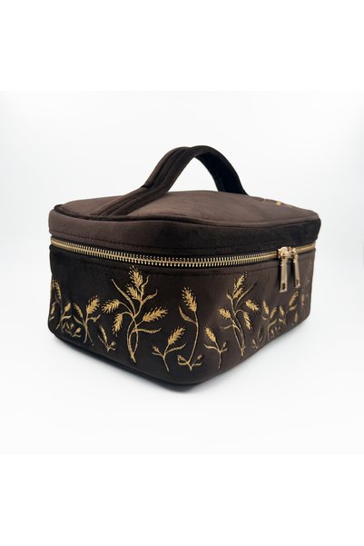 3rd March Studio Golden Wheat Embroidered Brown Velvet Makeup Bag & Organizer 25X17.5X11 cm