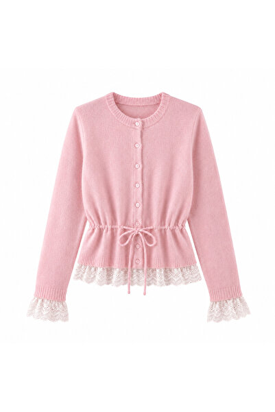 peri tower Women's Lace Detailed Waist-Tied Buttoned Knitwear Cardigan 7010