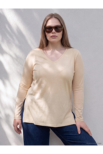LC Waikiki Lcwaikiki Curve Beige Plus Size 100% Cotton Women's T-Shirt