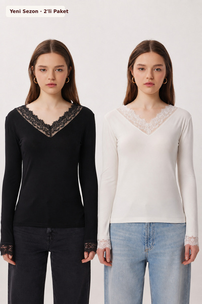 Lovelyİstanbul Pack of 2 Lace Transparent Viscose Blouses Lrn0063 Black Ecru