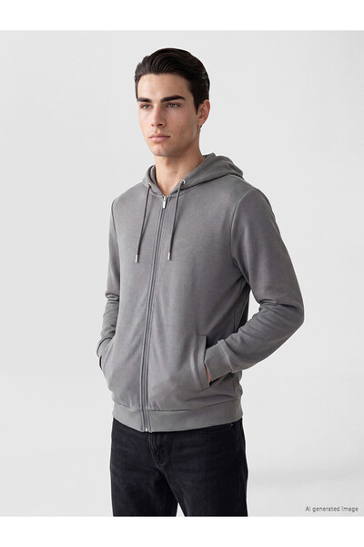 LC Waikiki Lcwaikiki Classic Gray Hooded Men's Zippered Sweatshirt