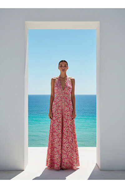 FASHION Pembe Yaprak Desenli Tulum
