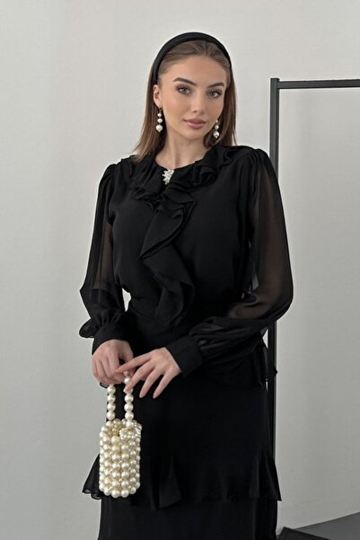 Elbee Fashion Woman Black Ruffled Skirt Chiffon Suit