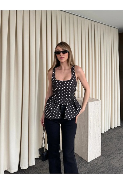 solena sln Kadın Kare Yaka Puantiyeli Peplum Bluz