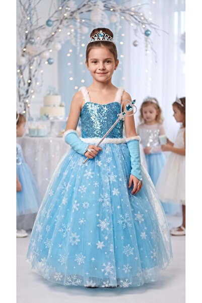 BUTİKHAPPYKİDS Costum de prințesă Elsa pentru fetițe, rochie cu paiete și ful...