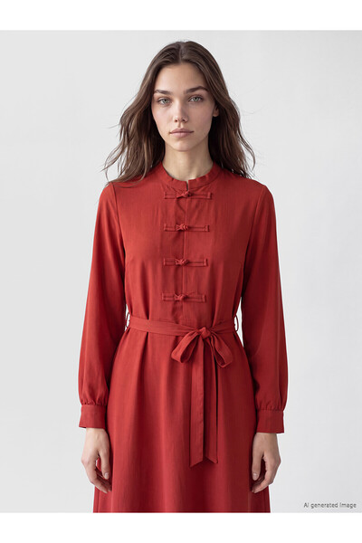 LC Waikiki Lcw Modest Red Crew Neck Dress with Ornamental Button Detail