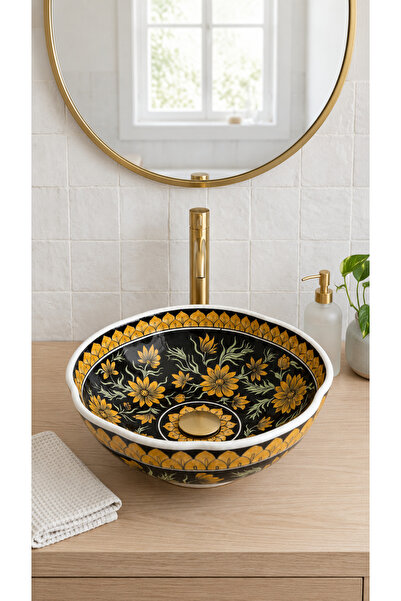 EvaniLife Papatya Model Black & Gold Floral Serisi El Yapımı Seramik Lavabo Ö...