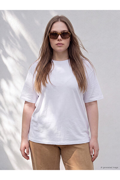 LC Waikiki Lcwaikiki Curve White Large Size 100% Cotton Women's T-Shirt
