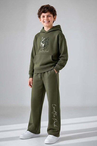 Riccotarz Erkek Çocuk Önü ve Arkası Kurt Çizim Baskılı Kapüşonlu Sweatshirt Yeşil Eşofman Takım