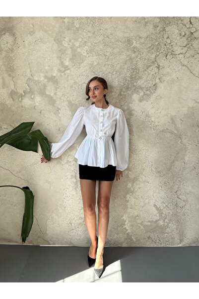 Elbee Fashion Woman White Elastic Waist Balloon Sleeve Blouse