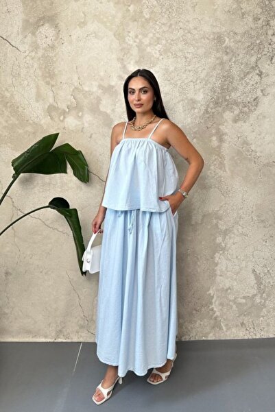 Elbee Fashion Woman Blue Flounce Blouse and Skirt Set
