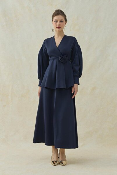 LUMU Navy Blue Rose Detailed Skirt Suit