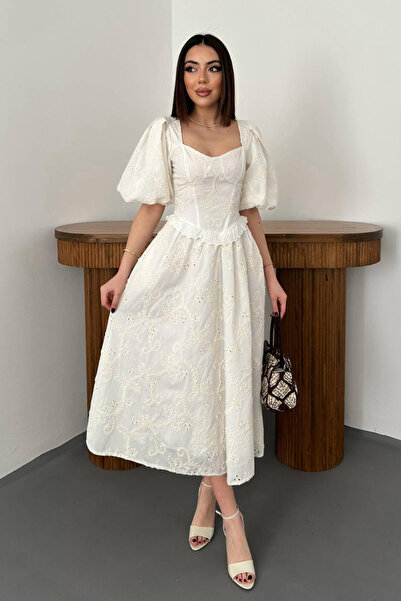 LUMU Women's ecru balloon sleeve lace brocade dress