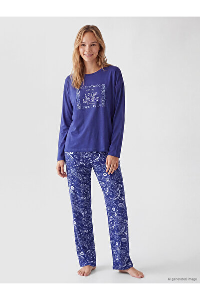 LC Waikiki LCW DREAM Lacivert Bisiklet Yaka Baskılı Kadın Pijama Takımı
