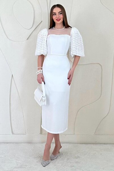 Elbee Fashion Woman White Sleeves Lace Pearl Detail Dress
