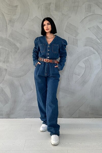 Elbee Fashion Woman Μπλε ολόσωμη φόρμα με πλισέ μανίκια και λαιμόκοψη V