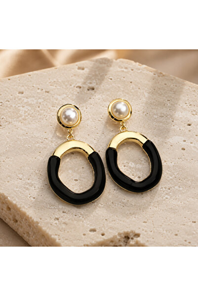 BLUEVELL JEWELRY Siyah İnci Detaylı Gold Küpe – Paslanmaz Çelik Suya Dayanıkl...