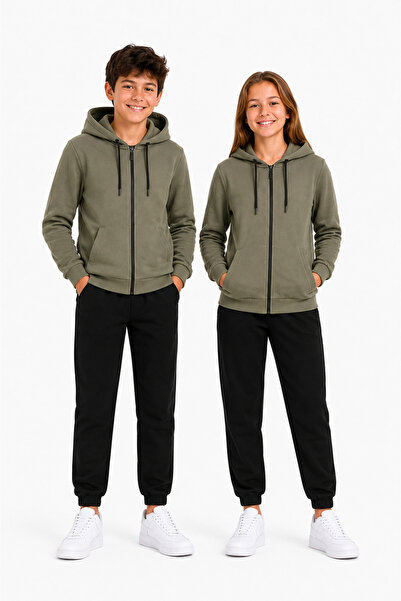 TRENDHİLL Unisex Children's Hooded Collar Tracksuit Set Khaki-310