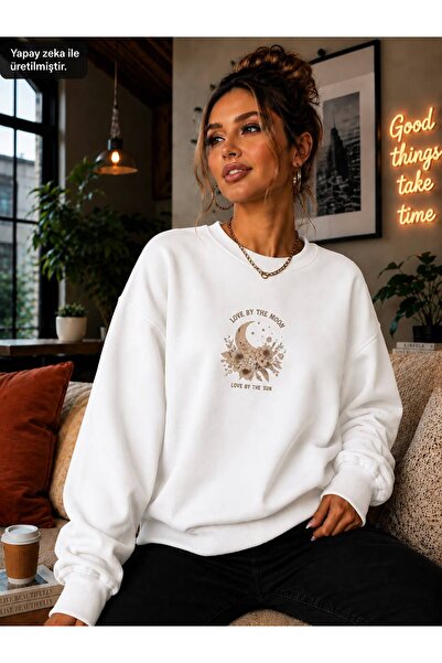 caddekombin Women's Moon and Flower Illustration Printed Round Neck Casual Co...