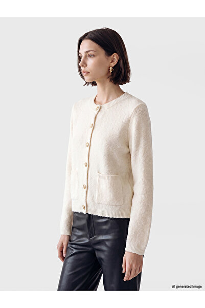 LC Waikiki Lcw Modest Ecru Knitwear Plain Women's Cardigan with Nevavm Differ...