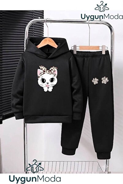 UygunModa One Cat Two Paws Printed Hooded Thick Cotton Inside Tracksuit with ...
