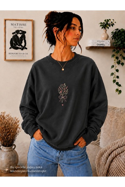 caddekombin Women's Minimalist Floral Bouquet Printed Round Crew Neck Casual ...