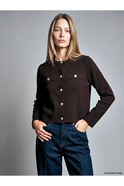 LC Waikiki Lcw Everyday Brown Knitwear Plain Short Women's Cardigan with Neva...