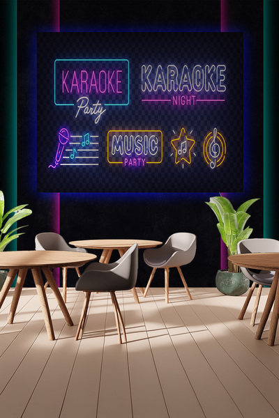 MİRAZAWALL Parlayan Neon Işıklı Karaoke ve Müzik Temalı Tek Parça Tekstil Duv...