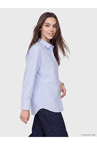 LC Waikiki Γυναικείο πουκάμισο LCW Modest με μπλε ρίγες από ποπλίνα