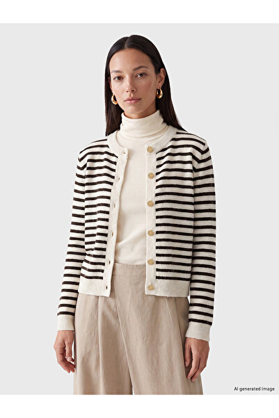 LC Waikiki Lcw Everyday Brown Crew Neck Striped Women's Knitwear Cardigan