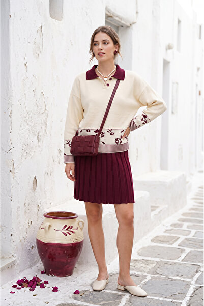 SAYZEN YOUR SHİNE Flower Patterned Shirt Collar Sweater-Skirt Women's Knitwea...