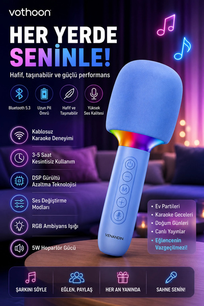 Vothoon Çocuk ve Yetişkin Karaoke Mikrofonu Kablosuz RGB Ambiyans Işığı Ses Değiştirme Modlu Hoparlör