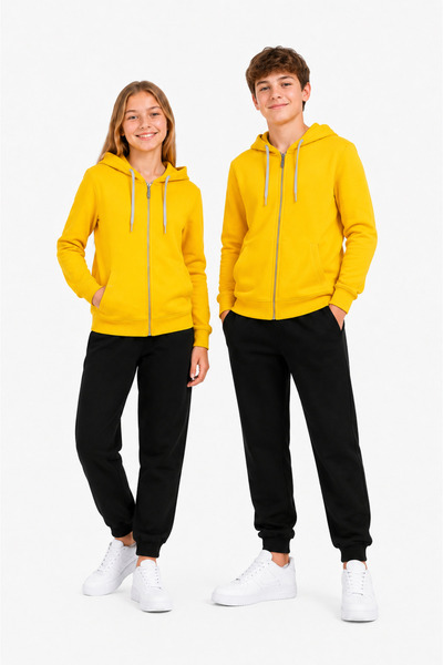 TRENDHİLL Unisex Children's Hooded Collar Tracksuit Set Yellow-310