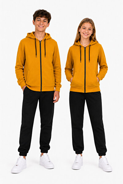 TRENDHİLL Unisex Children's Hooded Collar Tracksuit Set Mustard-310