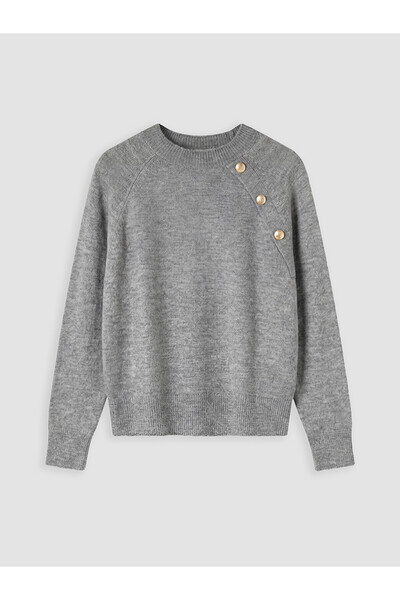 LC Waikiki Lcw Everyday Gray Crew Neck Button Detailed Women's Knitwear Sweater