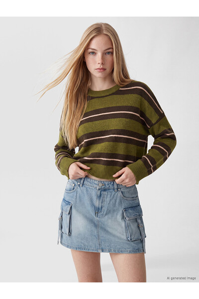 LC Waikiki Xside Khaki Striped Oversize Women's Knitwear Sweater