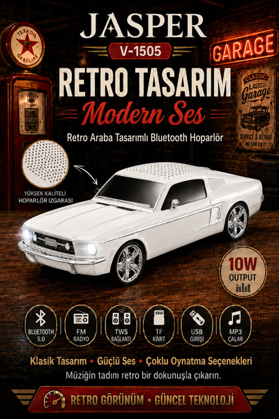 JASPER Jpr-1505 Beyaz 10w Bluetooth Hoparlörlü Retro Araba Tasarım – Fm Radyo...