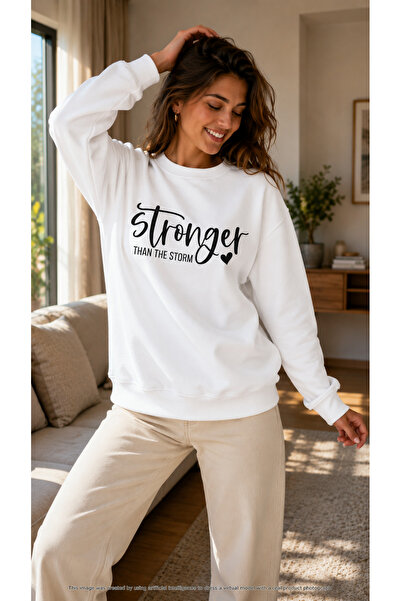caddekombin Women's Heart Detailed Stronger Text Printed Round Neck Casual Co...