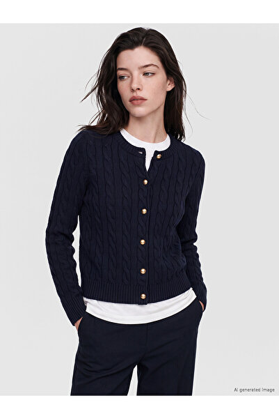 LC Waikiki Lcw Comfort Navy Blue Hair Braid Patterned Women's Knitwear Cardigan