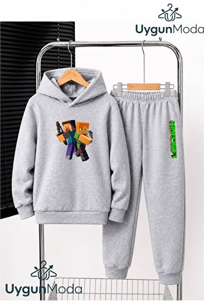 UygunModa Double Green Shape Printed Hooded Thick Cotton Inside Padding Track...