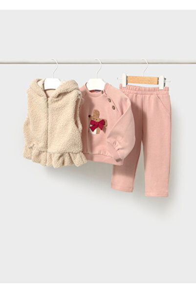 MAYORAL Pink Baby Girl 3 Piece Plush Vest Tracksuit Set 2837